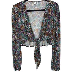 Bar III Black with multicolor drops tie front cropped cardigan Size Medium